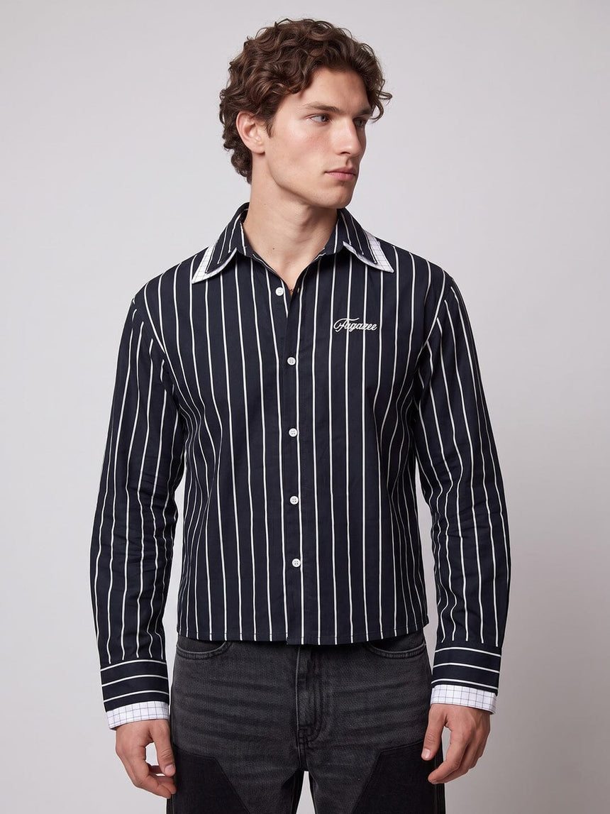 Navy Blue Striped Double Collared Cropped Shirt Shirts Fugazee 