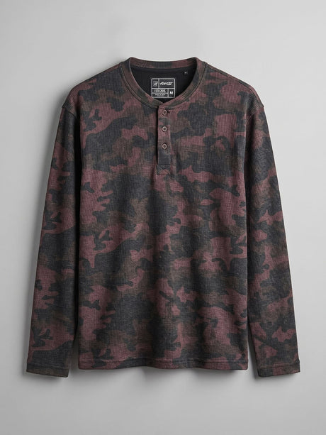 Brown Camo Waffle Relaxed Fit Henley Tshirt T-Shirts Fugazee 