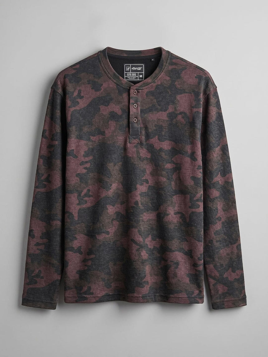 Brown Camo Waffle Relaxed Fit Henley Tshirt T-Shirts Fugazee 