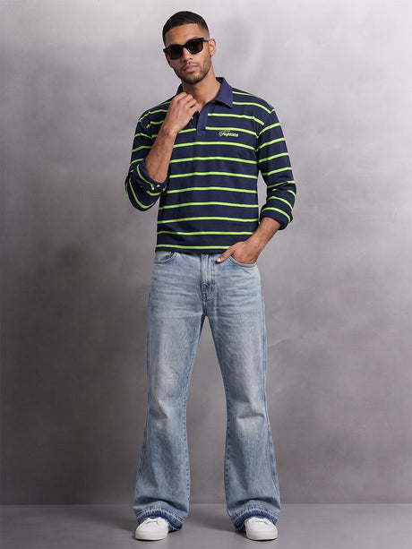 Navy Striped Cropped Longsleeve Polo Tshirt T-Shirts Fugazee 