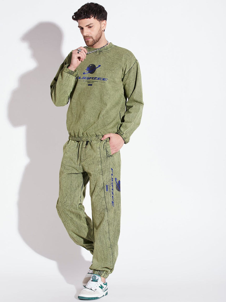 Green Acid Washed Sweatshirt & Jogger Combo Tracksuit Tracksuits Fugazee 