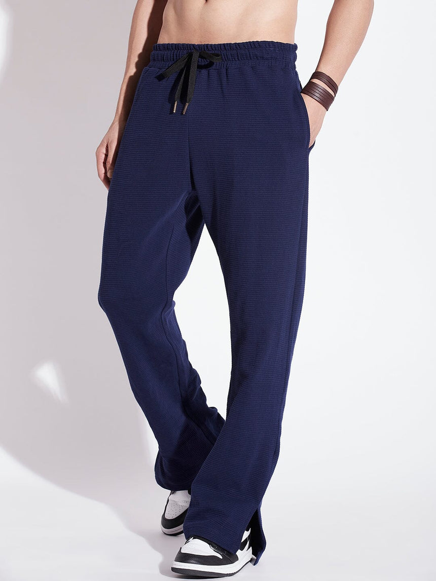 Navy Textured Relaxed Fit Boot-Cut Pant