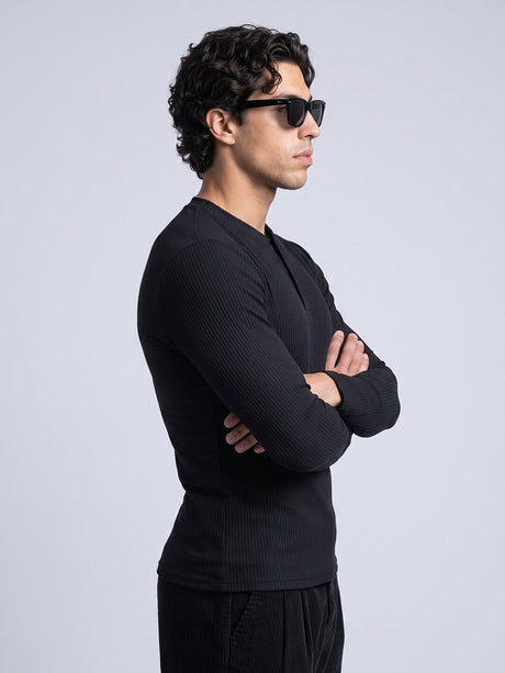 Black Parker Ribbed Henley Tshirt T-Shirts Fugazee 