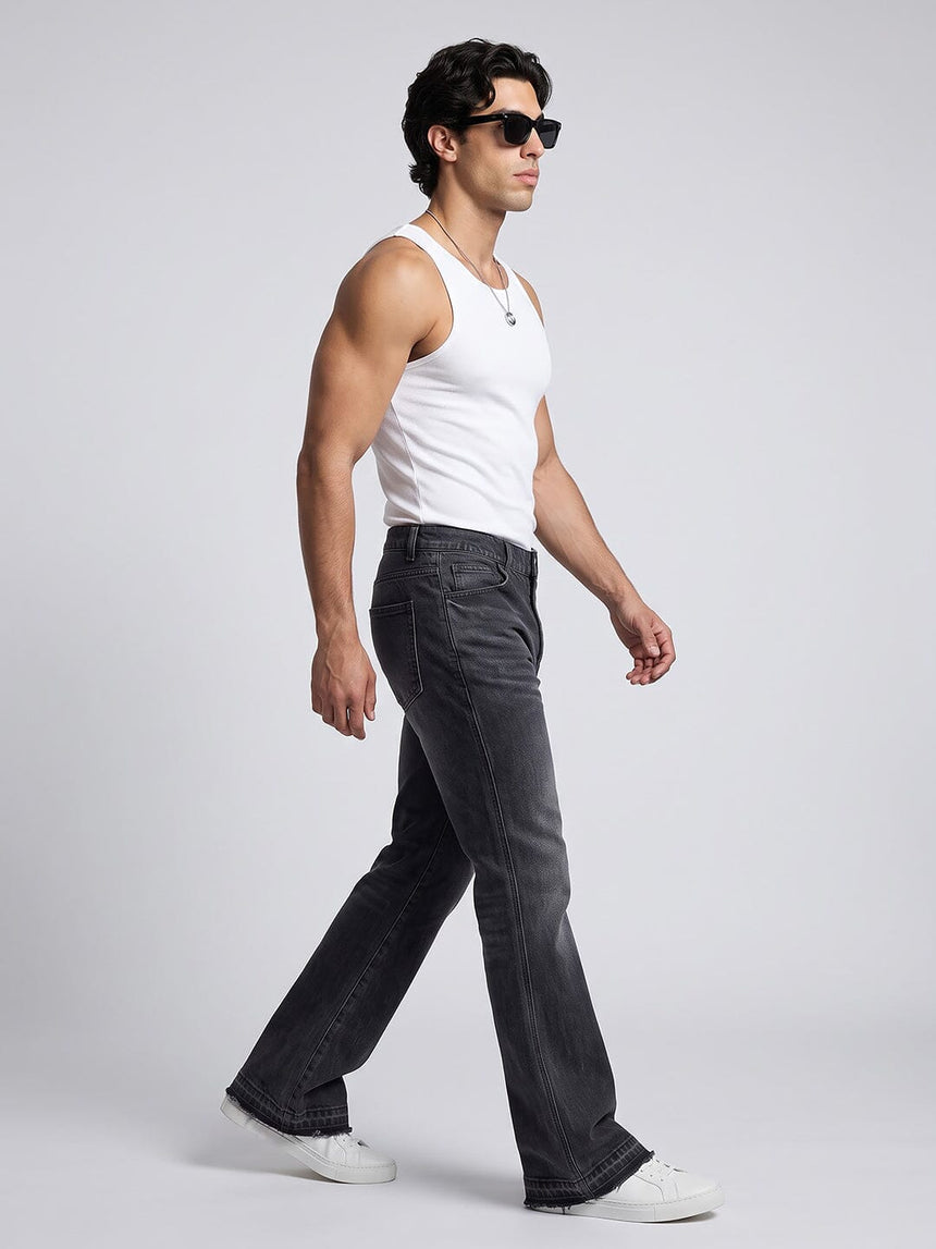 Black Washed Flared Raw Edge Denim Jeans Fugazee 