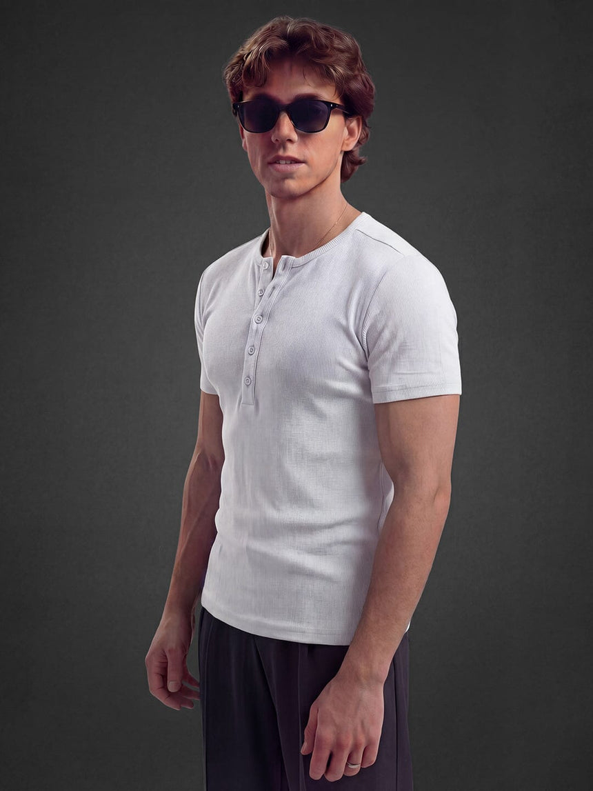 White Ribbed Henley Short Sleeves Tshirt T-Shirts Fugazee 