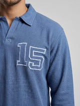 Blue Washed Textured Applique Longsleeve Polo Tshirt T-Shirts Fugazee 