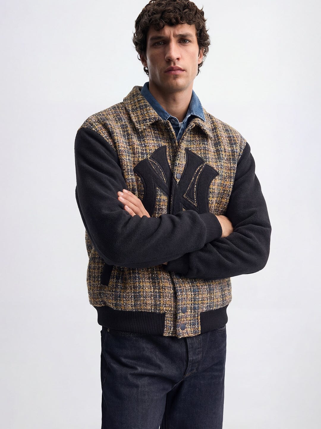 Yellow Tweed Ny Applique Bomber Jacket| Buy Men Jacket | Fugazee