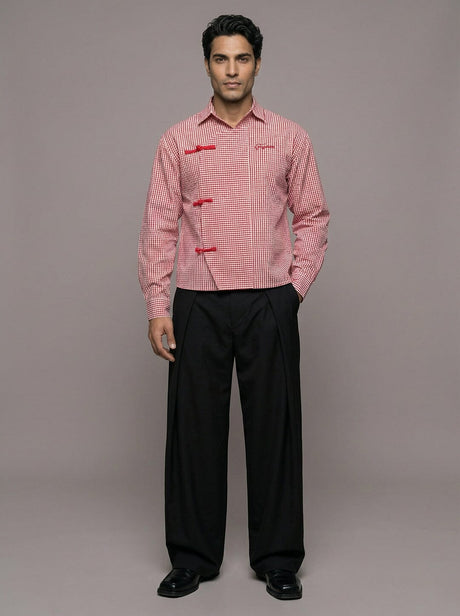 Red Checkered Chinese Frog Buttoned Cropped Shirt Shirts Fugazee 