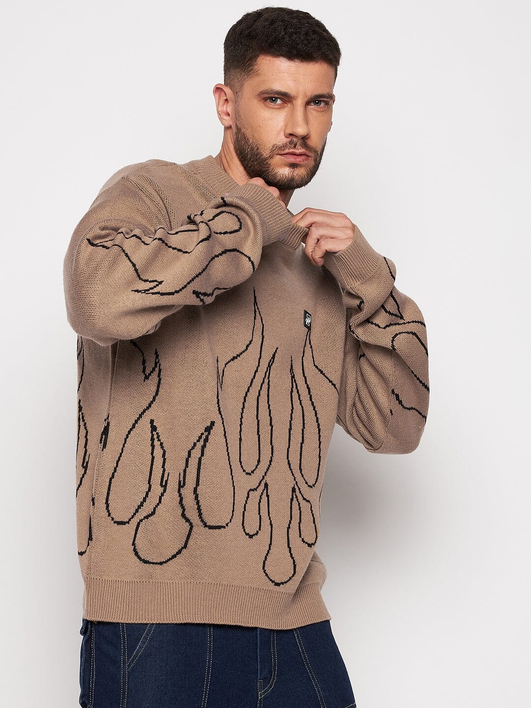 Beige Flames Oversized Sweater | Buy Mens Sweaters | Fugazee – FUGAZEE