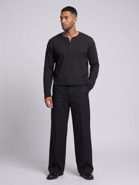 Black Waffle Relaxed Henley Tshirt T-Shirts Fugazee 