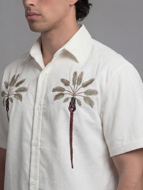 White Palm Embroidery Corduroy Short Sleeves Shirt Shirts Fugazee 
