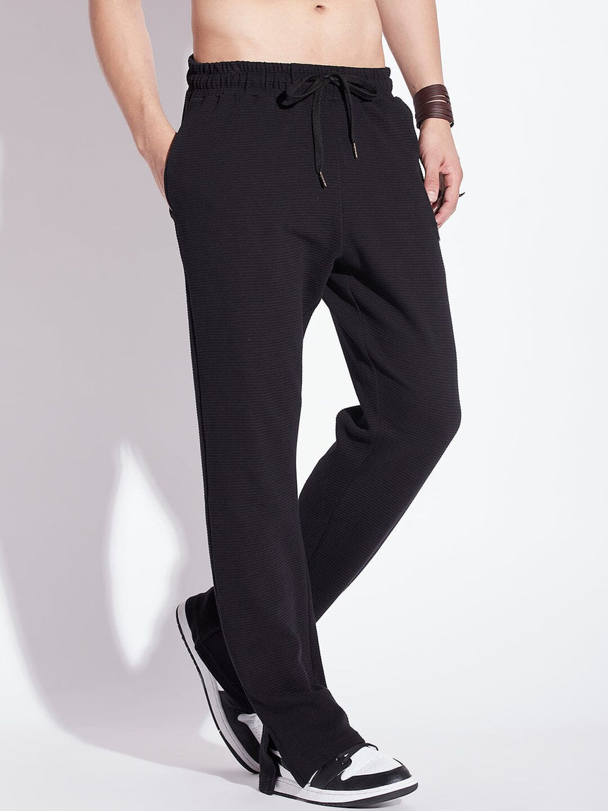 Black Textured Relaxed Fit Boot-Cut Pant Trackpants Fugazee 