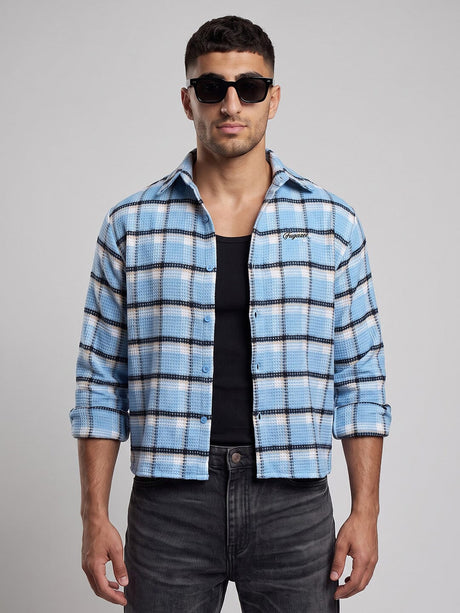 Sky Checkered Brushed Waffle Cropped Shirt Shirts Fugazee 