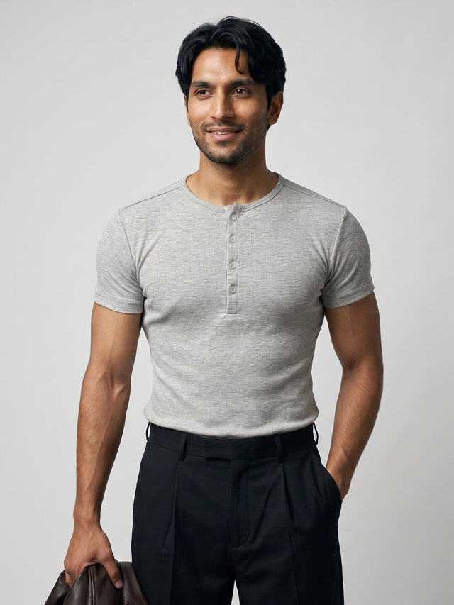 Light Grey Henley Short Sleeve Tshirt T-Shirts Fugazee 