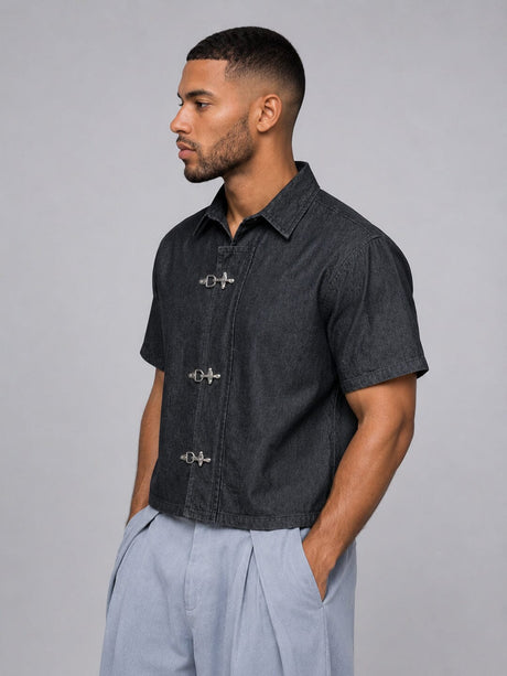 Black Fireman Clasp Boxy Denim Shirt Shirts Fugazee 