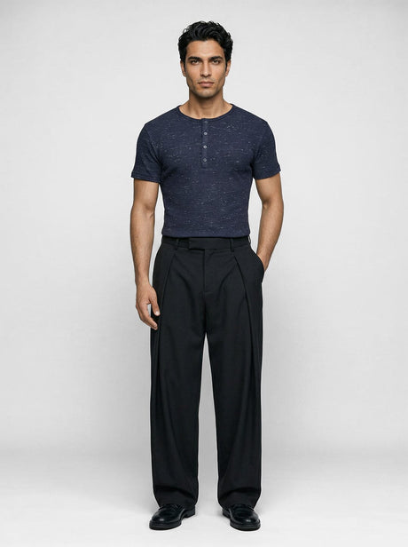 Navy Melange Waffle Short Sleeve Henley Tshirt T-Shirts Fugazee 