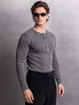 Black Acid Washed Ribbed Longsleeve Henley Tshirt T-Shirts Fugazee 
