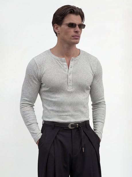 Light Grey Ribbed Henley Longsleeves Tshirt T-Shirts Fugazee 