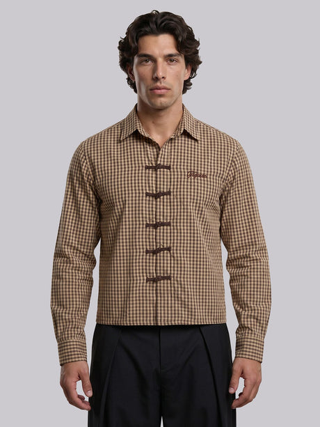 Mustard Checkered Frog Buttoned Cropped Shirt Shirts Fugazee 
