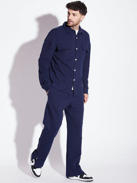 Navy Pleated OverShirt And Pants Combo Set