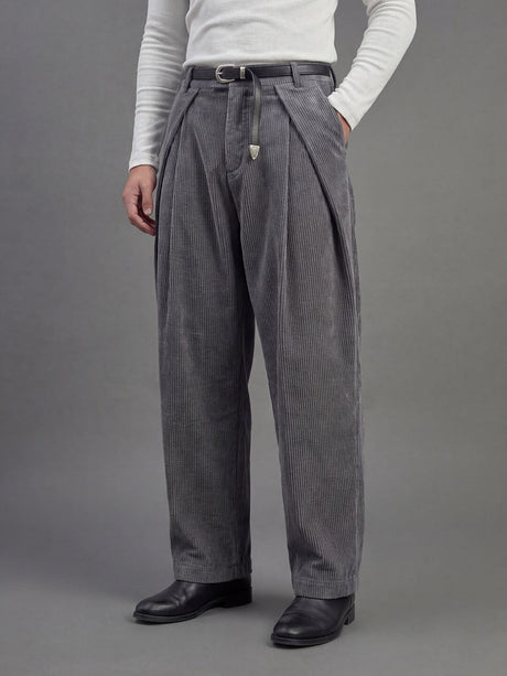 Ash Grey Corduroy Pleated Trousers Trousers Fugazee 