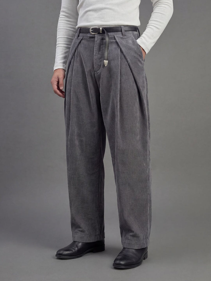 Ash Grey Corduroy Pleated Trousers Trousers Fugazee 
