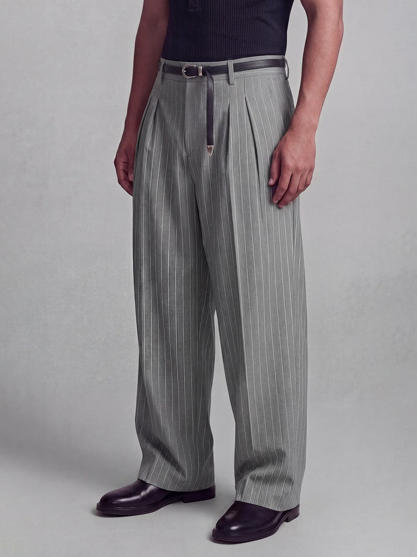 Grey Striped Pleated Trousers Trousers Fugazee 