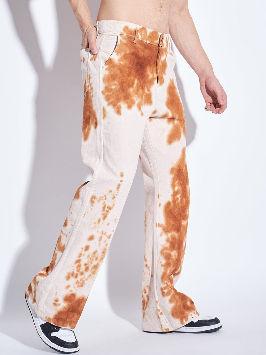 Ecru Tie Dye Flared Denim