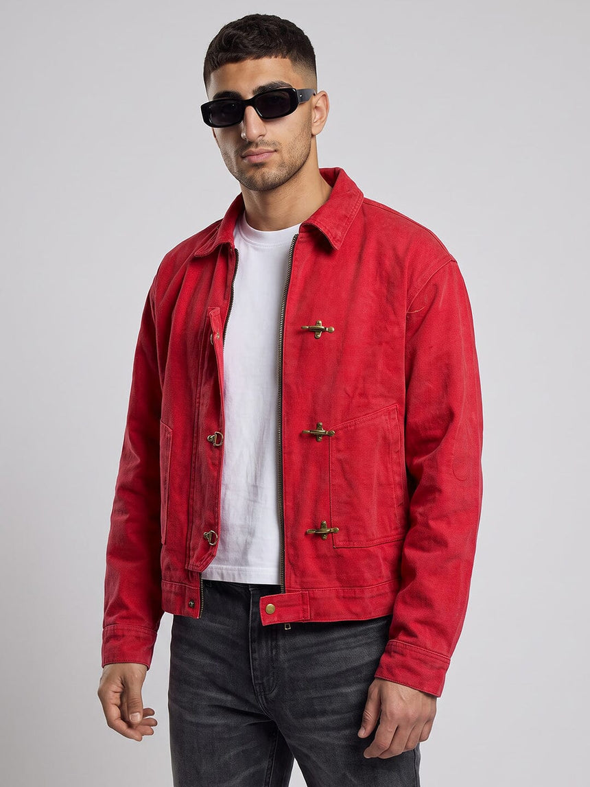 Red Washed Denim Fireman Clasp Jacket Jackets Fugazee 