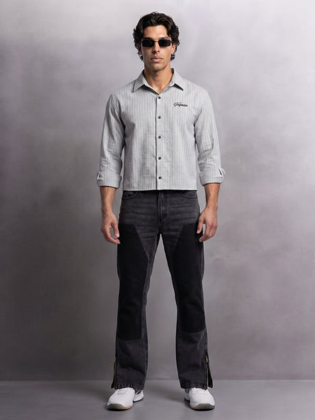 Grey Striped Cropped Full Sleeves Shirt Shirts Fugazee 
