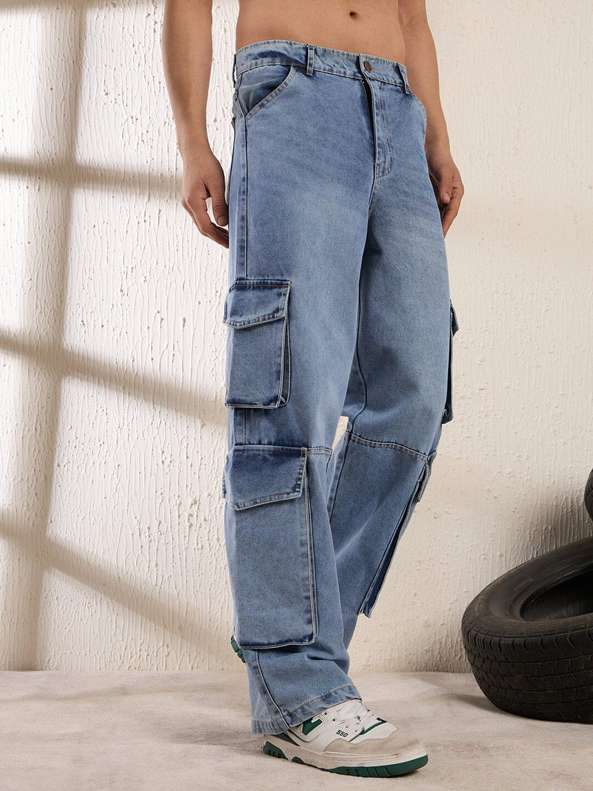 Ice Washed Baggy Cargo Denim Jeans Fugazee 