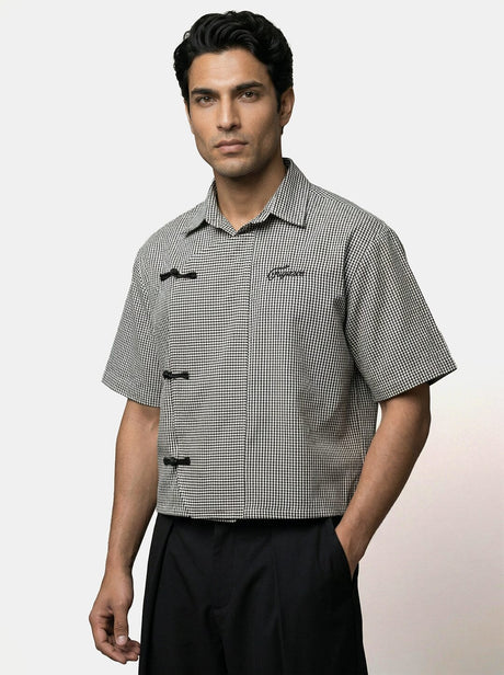 Black Checkered Chinese Frog Buttoned Cropped Shirt Shirts Fugazee 
