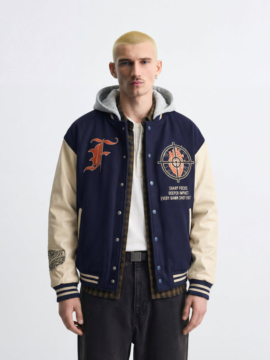 Navy Cupid Sniper Hooded Varsity Jacket Jackets Fugazee 