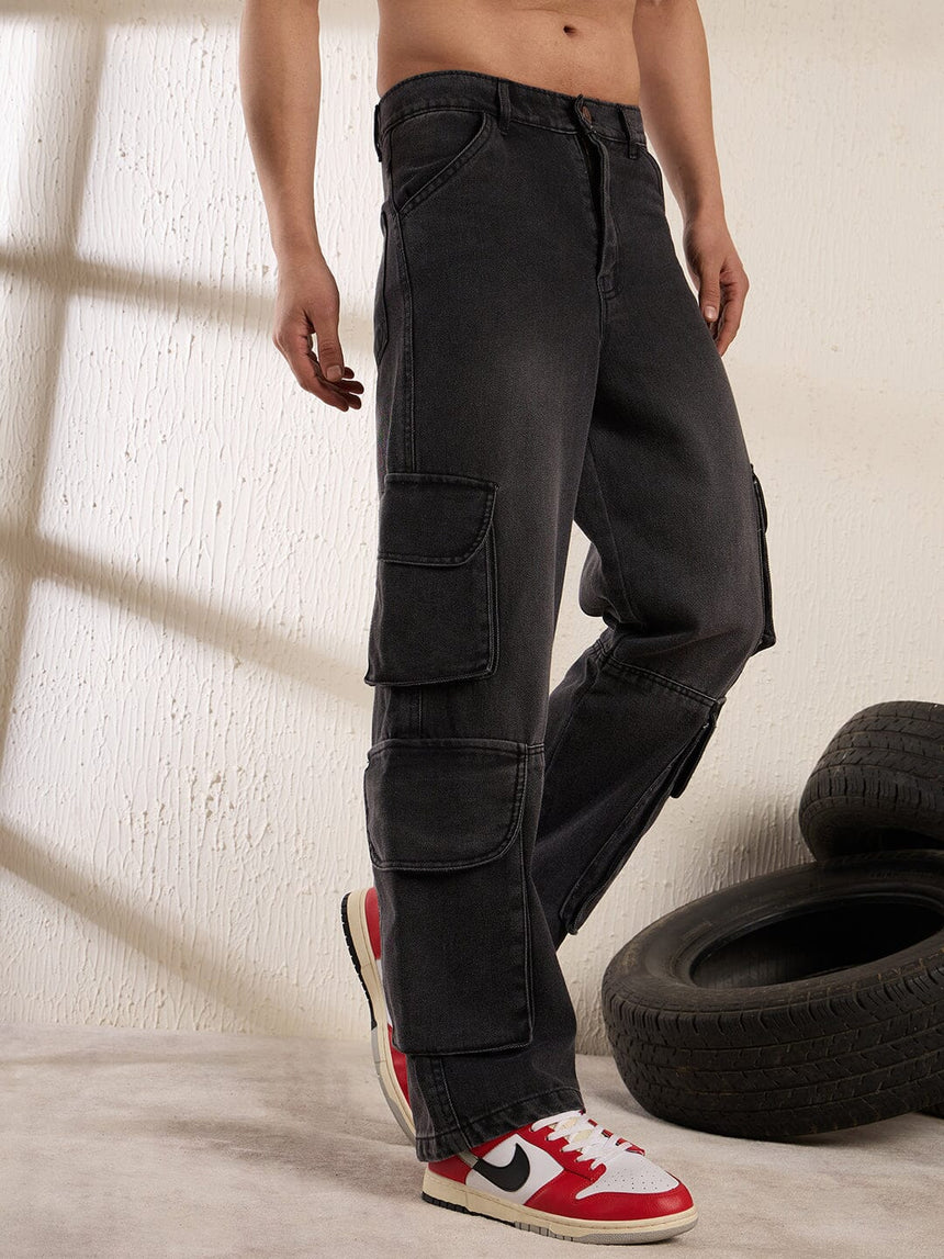 Grey Washed Baggy Cargo Denim Jeans Fugazee 