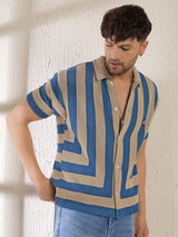 Beige & Blue Striped Crochet Knitted Shirt Shirts Fugazee 
