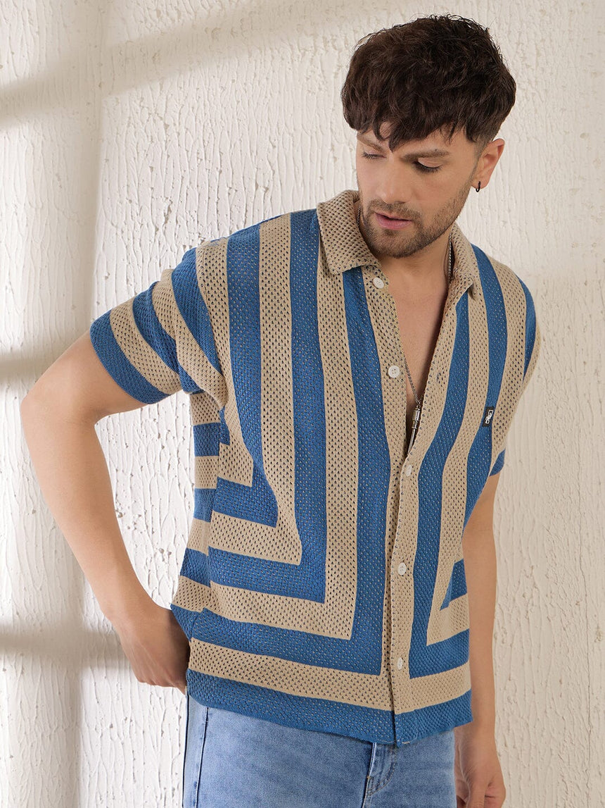 Beige & Blue Striped Crochet Knitted Shirt Shirts Fugazee 