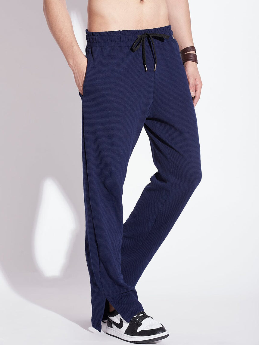 Navy Textured Relaxed Fit Boot-Cut Pant