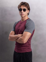 Grey And Maroon Ribbed Raglan Short Sleeve Henley Tshirt T-Shirts Fugazee 