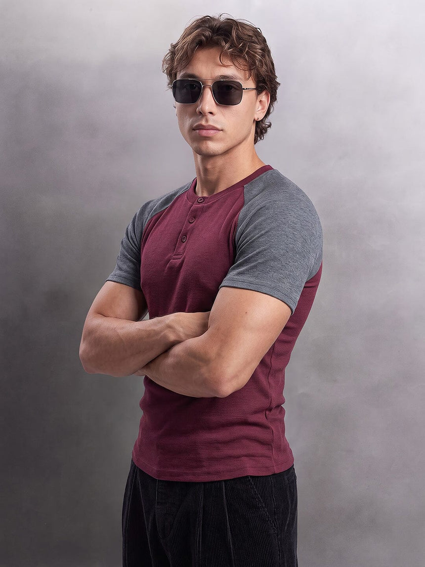 Grey And Maroon Ribbed Raglan Short Sleeve Henley Tshirt T-Shirts Fugazee 