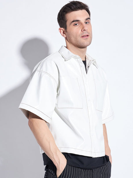 White Pu Contrast Stitch Cropped Shacket Shirts Fugazee 
