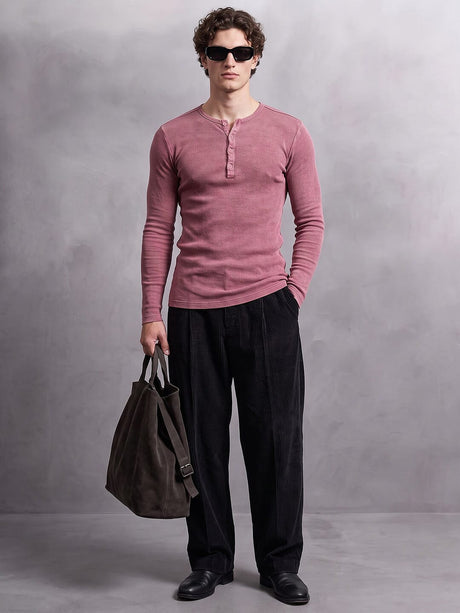 Crimson Acid Washed Ribbed Longsleeve Henley Tshirt T-Shirts Fugazee 