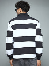 Black & White Striped Raw Edge Rugby Sweatshirt Sweatshirts Fugazee 