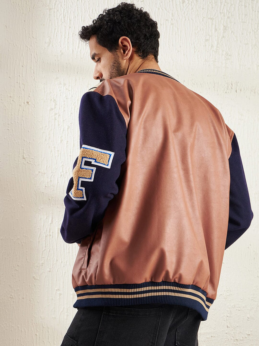 Tan Faux Leather Varsity Jacket Jackets Fugazee 