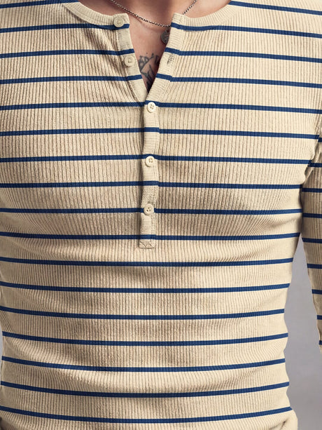 Beige And Navy Striped Ribbed Henley Longsleeves Tshirt T-Shirts Fugazee 