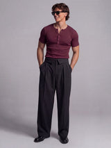 Maroon Ribbed Henley Short Sleeves Tshirt T-Shirts Fugazee 