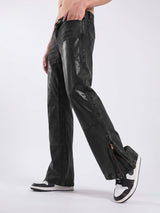 Grey Leather Patched Flared Zipped Denim Jeans Fugazee 