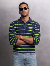 Navy Striped Cropped Longsleeve Polo Tshirt T-Shirts Fugazee 