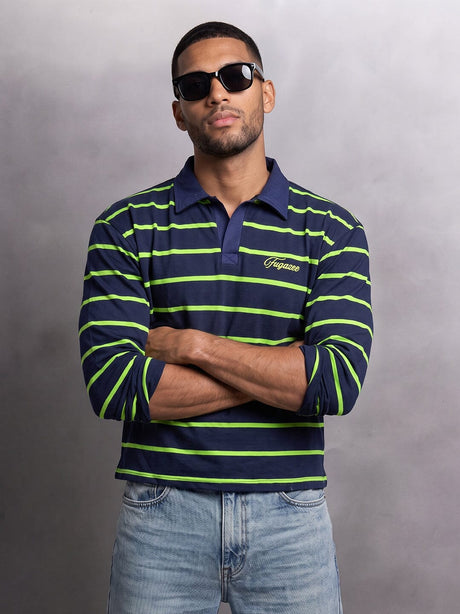 Navy Striped Cropped Longsleeve Polo Tshirt T-Shirts Fugazee 