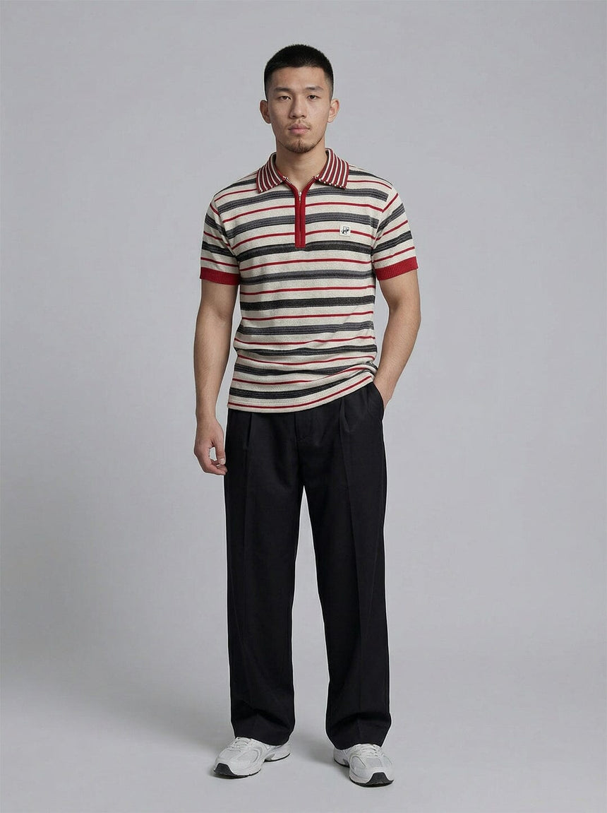 Biege Multicolour Striped Zipped Knitted Polo Tshirt T-Shirts Fugazee 