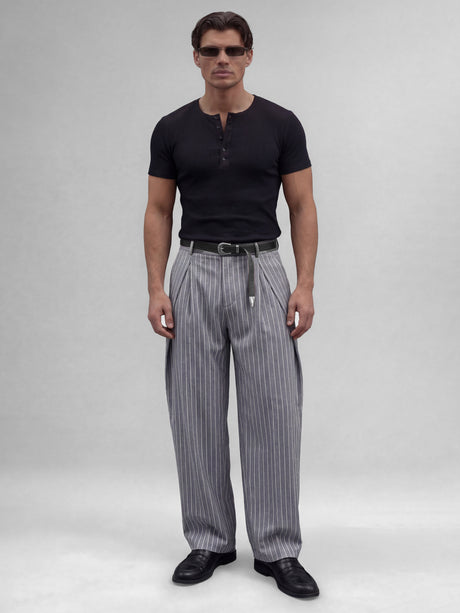 Grey Striped Pleated Korean Pants Trousers Fugazee 